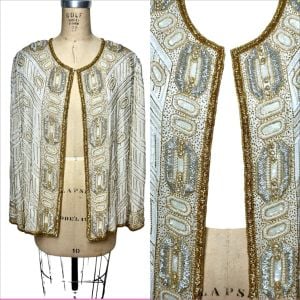1980s beaded and sequin silk jacket gold silver white Plus Size