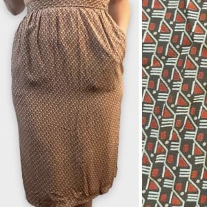 Vintage Oleg Cassini Boutique Brown Print Pencil Skirt, Silk?, 25”-26” Waist