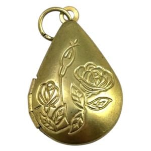 Vintage Raw Brass Filigree Rose Teardrop Locket Pendant, 24mm x 20mm, Deadstock - Fashionconservatory.com