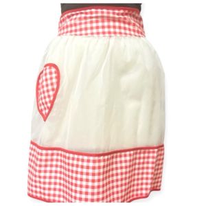 1950’s Sheer White Half Apron Red Gingham Heart, Mid Century Kitch, Deadstock