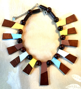 Mid Century Modern Enameled Metal and Wood Dandle Necklace