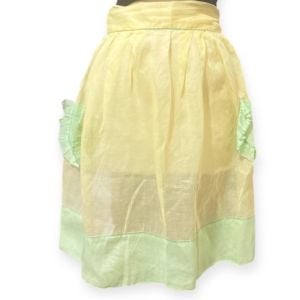 1950’s Adorable Sheer Yellow Half Apron with Two Pastel Green Pockets, Deadstock
