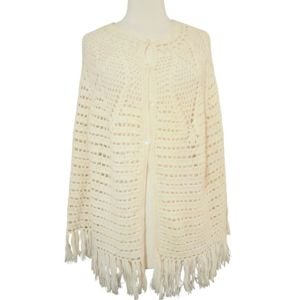 Vintage 1970’s Cream Crochet Cape with Fringe and Irridescent Button Down Front