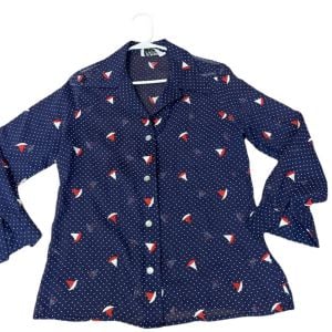 1970’s Polka Dot Sail Boat Button Down Nautical Blouse, Medium