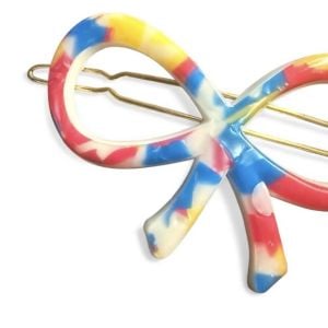 1960’s Vintage French Bow Barrette in Bright Pink Blue, Wire Clasp ,Unworn, 2.5” - Fashionconservatory.com