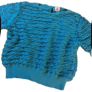 1980’s Turquoise Blue Textured Knit Short Sleeved Sweater Top, Made in Japan, Medium