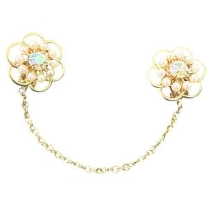 1950’s Gold Floral Sweater Clip Guard w Pearls and Brilliant Rhinestone Center - Fashionconservatory.com