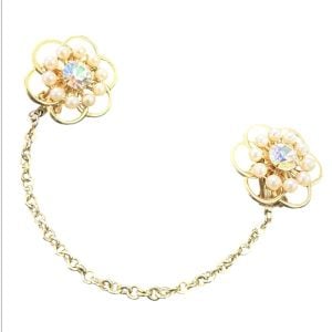 1950’s Gold Floral Sweater Clip Guard w Pearls and Brilliant Rhinestone Center