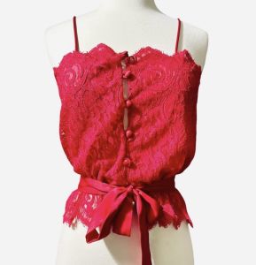 1980’s LILY OF FRANCE Sexy & Unique Red Lace Camisole Button Front Tie Waist