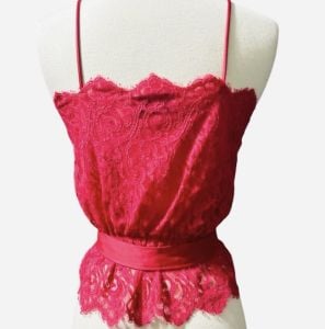 1980’s LILY OF FRANCE Sexy & Unique Red Lace Camisole Button Front Tie Waist - Fashionconservatory.com