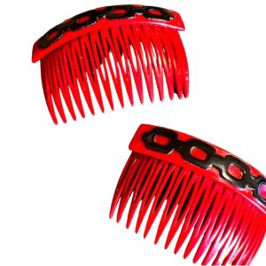 Chic & Plus Vintage Red & Black Pair of Hair Combs, Made in France, Deadstock 1980’s