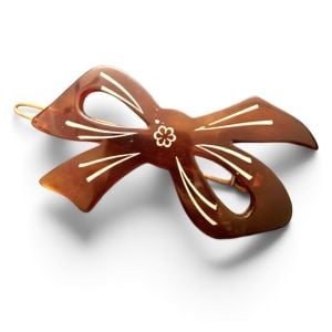 Vintage French Bow Barrette in Tortoiseshell Color with White Detail, 2.5” Long 