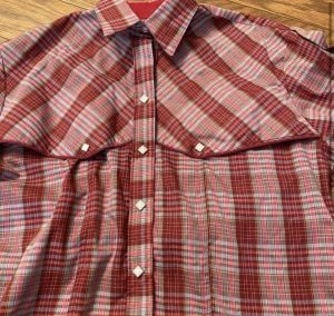 Vintage Woman’s Western Shirt by Rockmount Ranch Wear, Red & Blue W/ Pearl Buttons, Small/ Med - Fashionconservatory.com