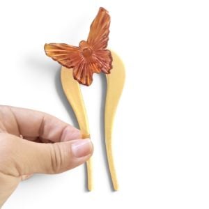 70’s XL French Butterfly Hair Pick in Translucent Amber, 5” Tall , Deadstock Vintage