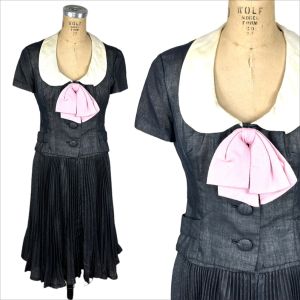 1960s pleated dress with jacket and bow by Mam'selle Size M