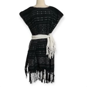 Traditional Huipil Black & White with Fringe, Handwoven in Oaxaca, Mexico, OOAK