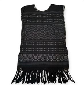 Traditional Huipil Black & White with Fringe, Handwoven in Oaxaca, Mexico, OOAK - Fashionconservatory.com