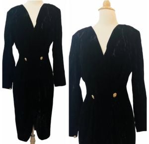 1980’s Divine Vintage Black Velvet Wiggle Dress with Gold Buttons, Marked a 6