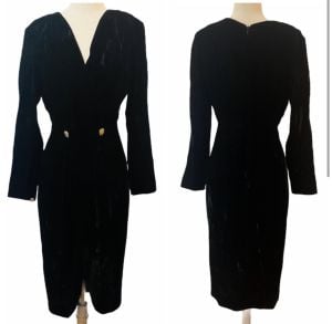 1980’s Divine Vintage Black Velvet Wiggle Dress with Gold Buttons, Marked a 6 - Fashionconservatory.com