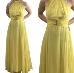 Stunning 1960’s Vintage Yellow Chiffon Maxi Dress, Small, 25” - 26” Waist