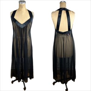 1970s sheer black nightgown with open back by designer Francheska Valdy 