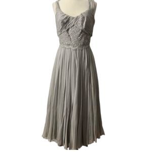 1950’s Lee Claire NY Gray Silk Chiffon & Sequin Cocktail dress, 26” Waist, Small1 - Fashionconservatory.com