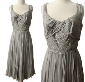 1950’s Lee Claire NY Gray Silk Chiffon & Sequin Cocktail dress, 26” Waist, Small1