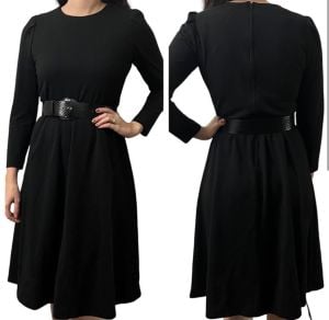 Vintage 1980’s Classic Black Knit Long Sleeved Dress Semi Full Skirt Small/Medium - Fashionconservatory.com