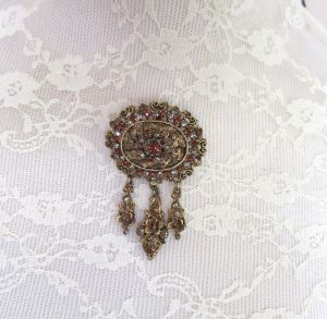 KRAMER antiqued gold clear & amber rhinestone Victorian Revival brooch or pendant - Fashionconservatory.com