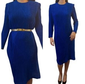 1980’s Leslie Fay Blue Long Sleeved Dress, So Glam! Made in the USA, Size 14/M/L - Fashionconservatory.com