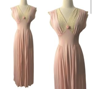 Early 1950’s Vintage Feminine Pink Maxi Slip, Lounge Dress with Ecru Lace, Mid Century Lounging