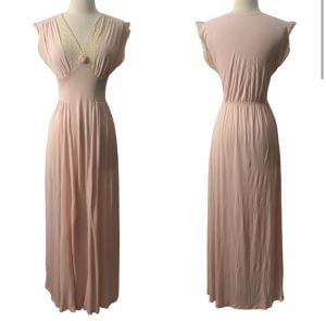 Early 1950’s Vintage Feminine Pink Maxi Slip, Lounge Dress with Ecru Lace, Mid Century Lounging - Fashionconservatory.com