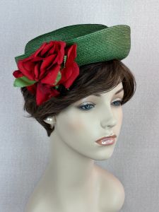 Vintage 50s Moss Green Open Crown Straw Hat w/ Red Silk Rose