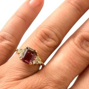 Vintage Art Deco Style Amethyst and Diamond Gold Tone Ring, Ex Quality, Size 6.5 - Fashionconservatory.com