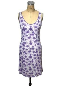 1970s mini slip or slip dress with purple floral print and piping Size S/M