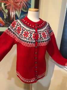 1950s Red Paul Mage Hand Knit Scandinavian Fair Isle Cardigan L
