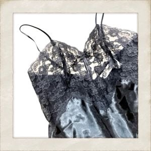 Vintage Victoria’s Secret Gold Label Black Shiny Satin & Lace Teddy Lingerie - Fashionconservatory.com