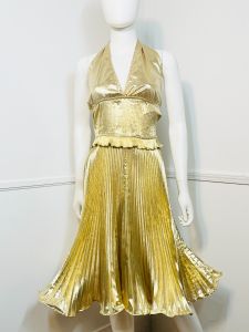 Medium | 1970s Vintage Gold Lamé Pleated Halter Dress  - Fashionconservatory.com