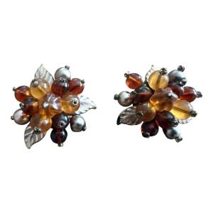 Vintage Boho Beaded Clip On Cluster Earrings in Browns w/ Silver Hardware, 1.4”