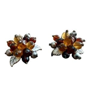 Vintage Boho Beaded Clip On Cluster Earrings in Browns w/ Silver Hardware, 1.4” - Fashionconservatory.com