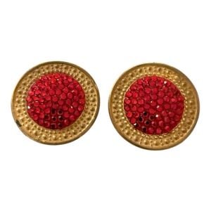 RICHARD KERR 1980s Pave Rhinestone Earrings in Gold with Red Center, Clip On’s - Fashionconservatory.com