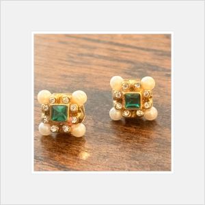 Vintage Glam Gold and Emerald Green Stud Earrings with Pearls & Rhinestones, .4” - Fashionconservatory.com