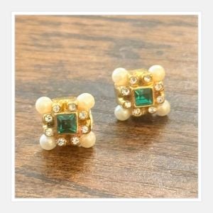 Vintage Glam Gold and Emerald Green Stud Earrings with Pearls & Rhinestones, .4”