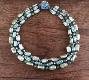 Vintage Vogue Iridescent Blue Green Beads and Bluish Green Rhinestone...