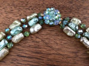 Vintage Vogue Iridescent Blue Green Beads and Bluish Green Rhinestone... - Fashionconservatory.com