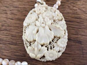 Beautifully Carved Vintage Japanese Celluloid Pendant on Mother of Pearl Beaded Chain