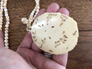 Beautifully Carved Vintage Japanese Celluloid Pendant on Mother of Pearl Beaded Chain - Fashionconservatory.com