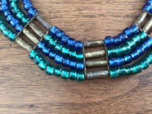 Beautiful blue and green foiled glass choker with brass fittings.. Adjustable 15'' to 18” - Fashionconservatory.com