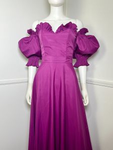 Small | Early 1980s Vintage Magenta Puff Sleeved Maxi Gown  - Fashionconservatory.com