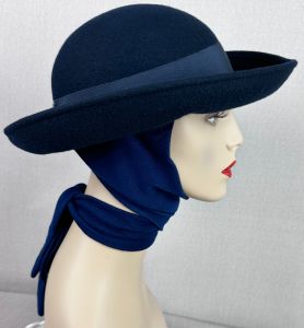 Vintage 90s Curled Brim Western Style Scarf Hat in Navy Blue